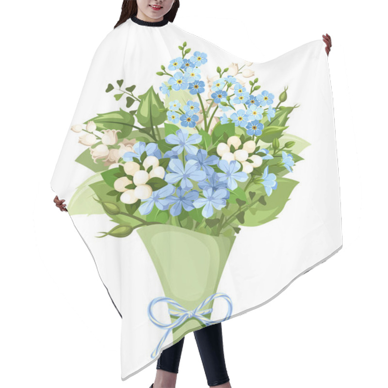 Personality  Vector Bouquet Of Blue And White Forget-me-not, Lily Of The Valley And Plumbago Flowers. Hair Cutting Cape