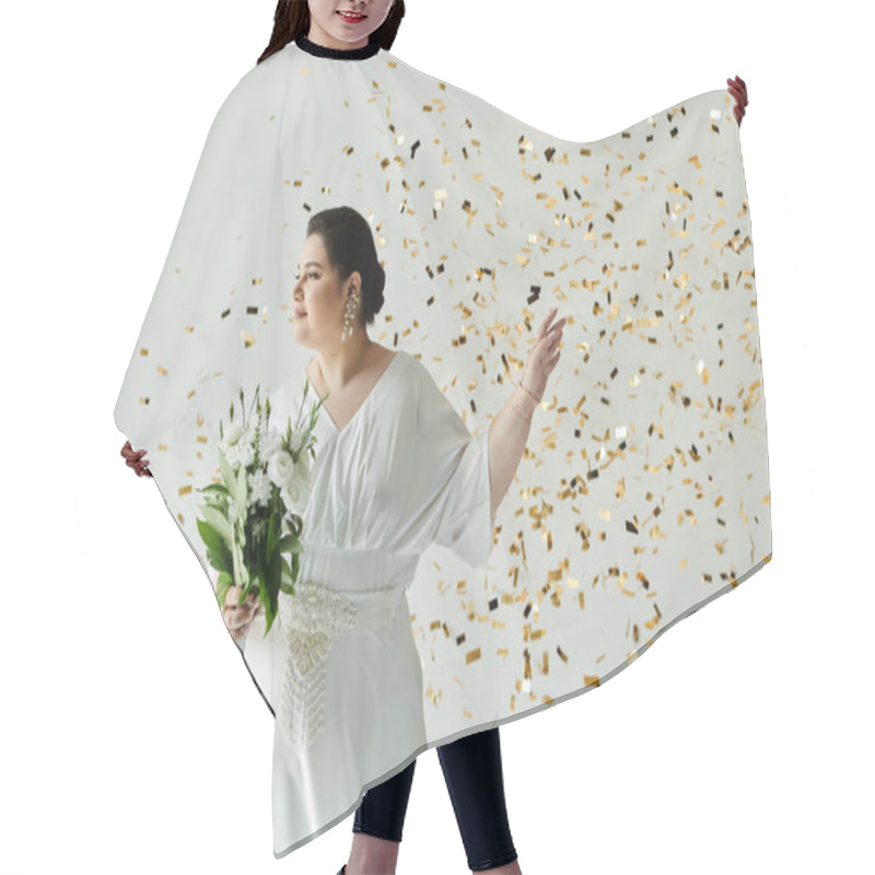 Personality  A Beautiful Bride With Confidence Holds A Bouquet While Golden Confetti Falls Around Her. Hair Cutting Cape