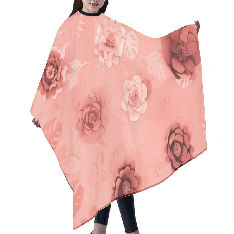 Personality  Top View Of Coral Tropical Paper Cut Palm Leaves And Flowers, Minimalistic Background Hair Cutting Cape