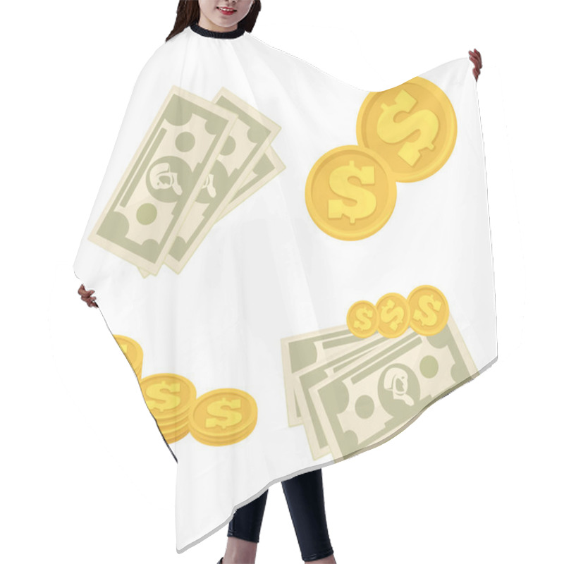 Personality  Set Of Cash Paper Money And Coins. Hair Cutting Cape