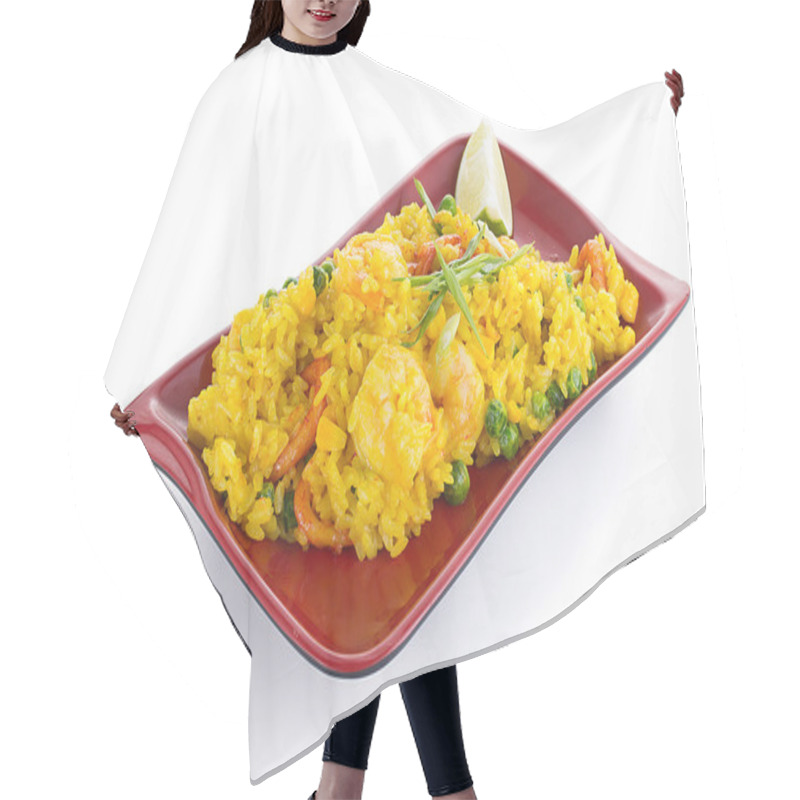 Personality  Shrimps In Curry Sauce With Rice Isolated On White Background Hair Cutting Cape