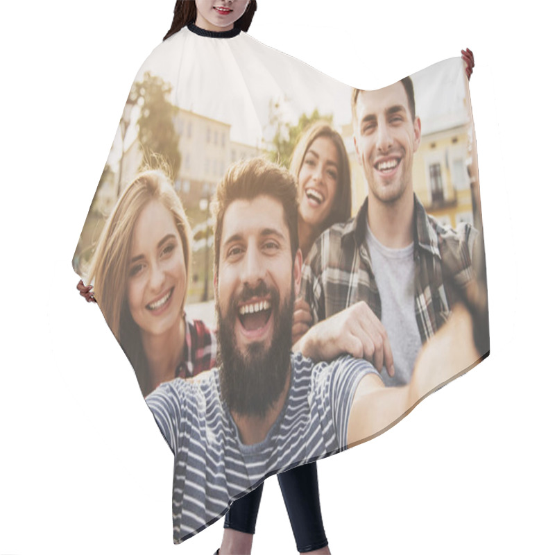 Personality  Young Happy People Have Fun Outdoors In Autumn. Hair Cutting Cape