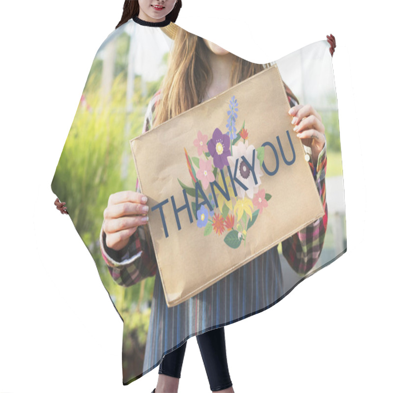 Personality  Woman Holding Banner In Greenhouse Hair Cutting Cape