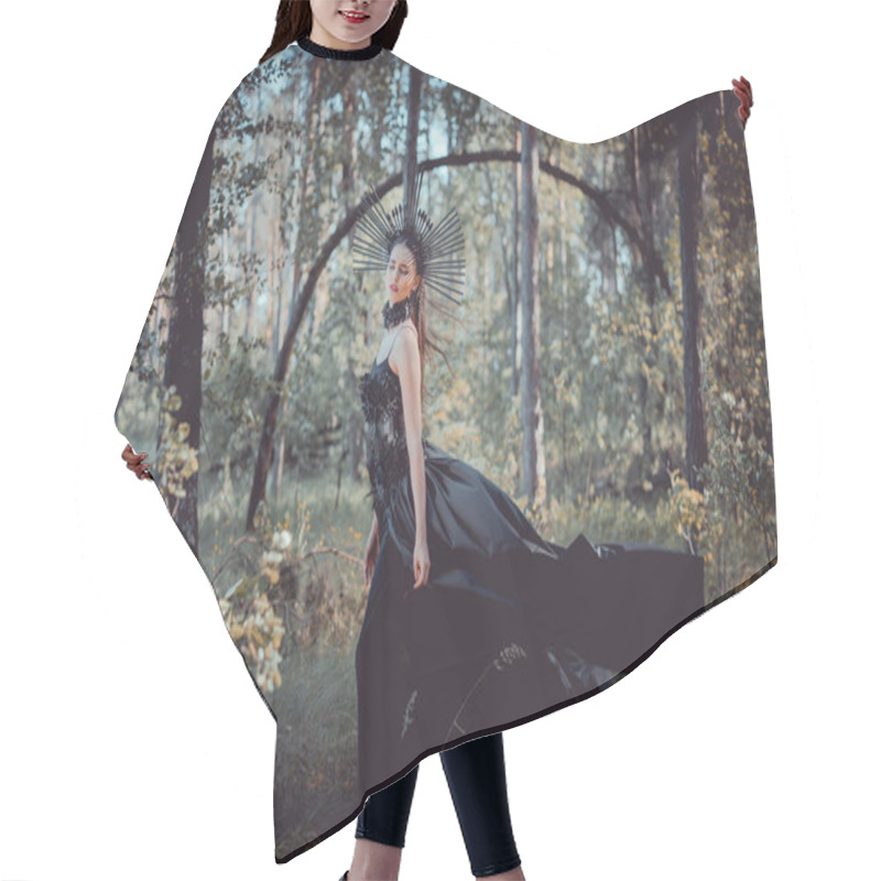 Personality  Beautiful Woman In Witch Costume Standing On Forest Background Hair Cutting Cape