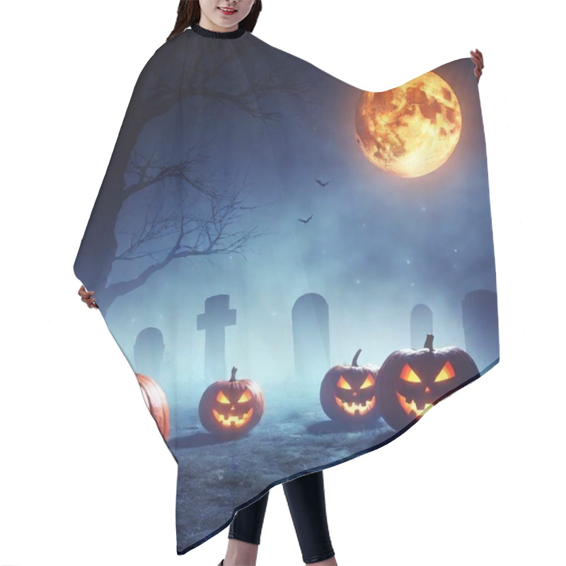 Personality  Spooky Halloween Poster Featuring Glowing Pumpkins And Eerie Mist Effects. Hair Cutting Cape