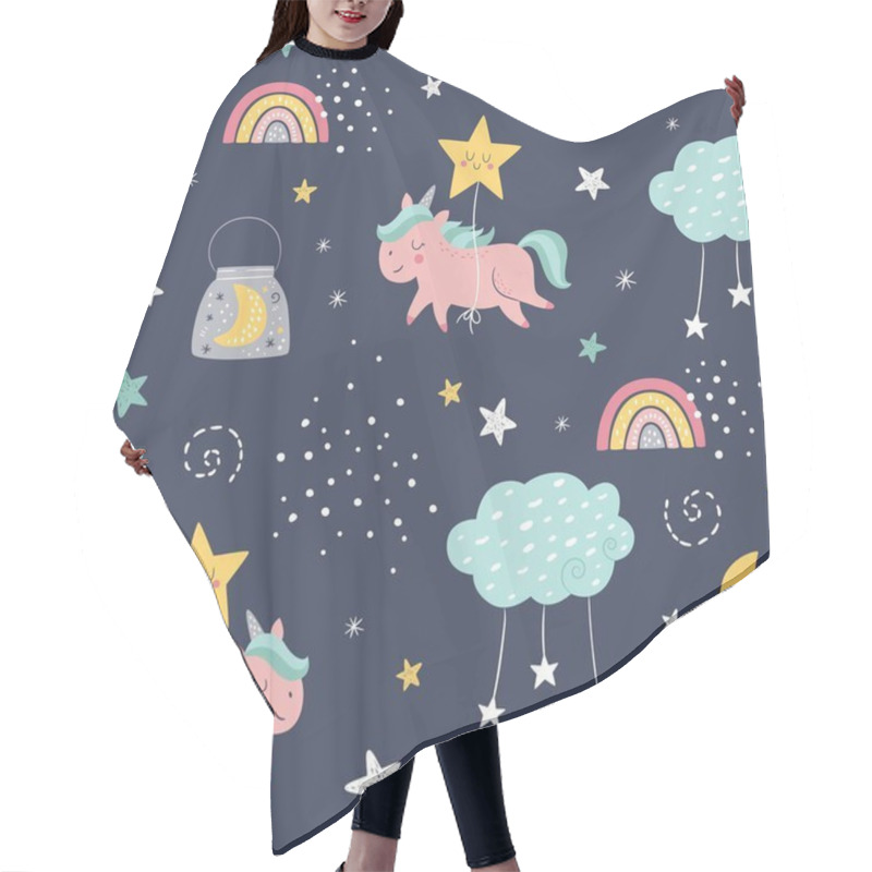 Personality  Seamless Vector Childish Pattern With Cute Unicorn, Moon, Stars, Rainbow, Cloud. Creative Scandinavian Style Kids Texture For Fabric, Wrapping, Textile, Wallpaper, Apparel. Hair Cutting Cape