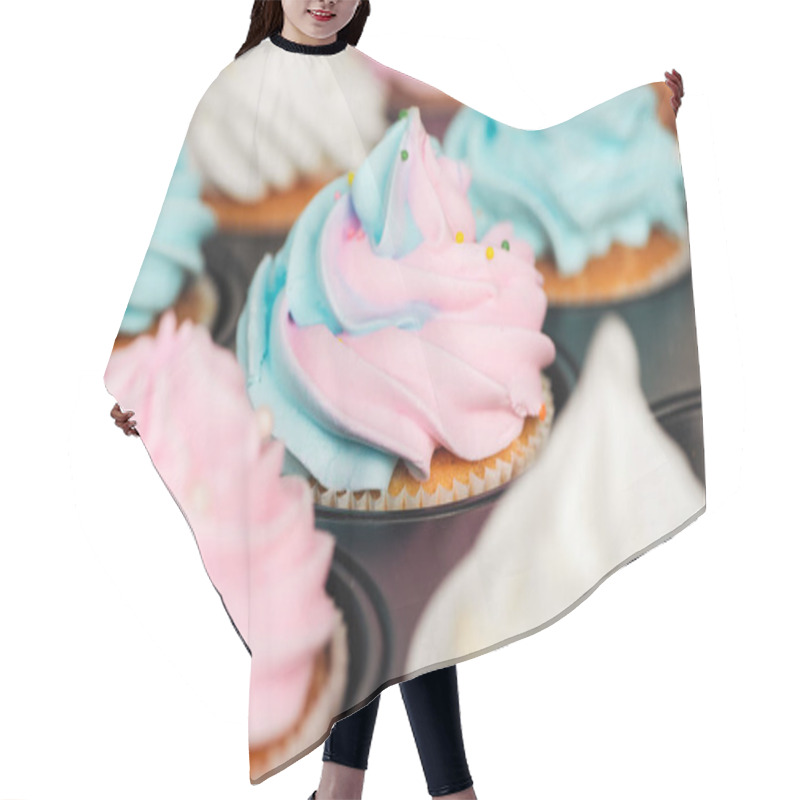 Personality  Close Up Of Delicious Blue And Pink Cupcakes Decorated With Sprinkles In Cupcake Tray Hair Cutting Cape