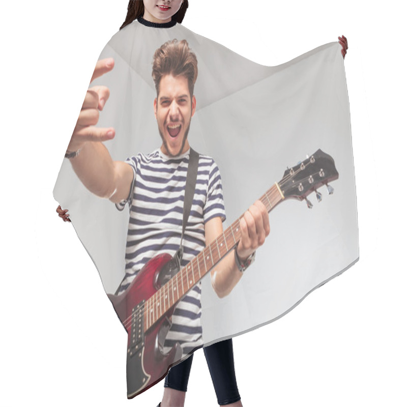 Personality  Man Screaming While Playing Guitar And Looking Down Hair Cutting Cape