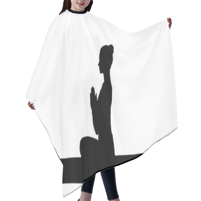 Personality  Silhouette Young Sporty Attractive Woman Practicing Yoga, Doing Lotus Pose. Hair Cutting Cape