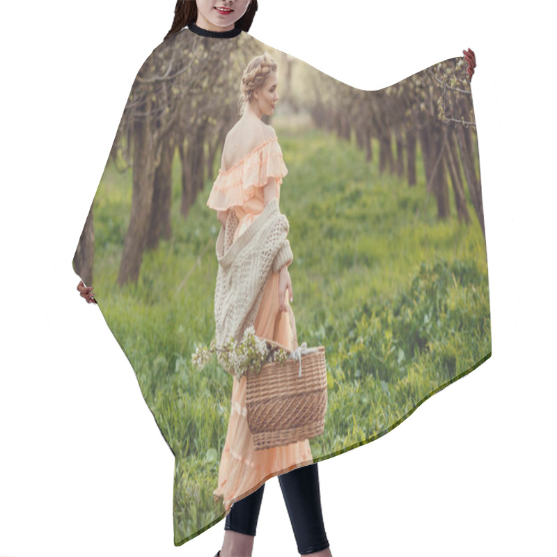 Personality  Beautiful Young Girl In An Old Dress In A Pear-blossoming Garden. Hair Cutting Cape