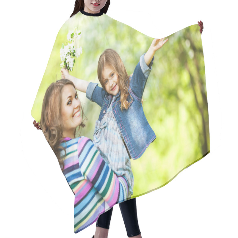 Personality  Mother And Daughter In Park. Mother Day. Hair Cutting Cape