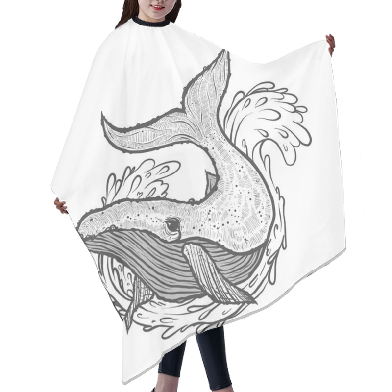 Personality  Hand Drawn Vector Illustration Of Whale With Wave And Splash Hair Cutting Cape