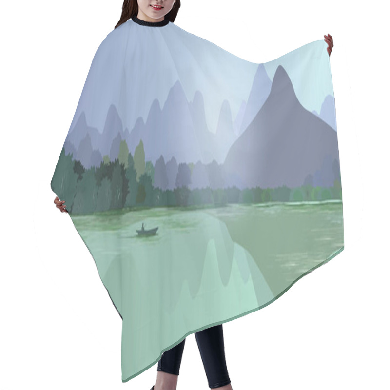 Personality  Panoramic Abstract Landscape With Mountains, Forest And Water River, Lake . On The Water A Small Boat With A Silhouette Of A Man. Poster, Billboard, Vector Illustration. Hair Cutting Cape