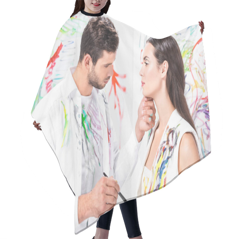 Personality  Adult Gentle Couple With Drawing Equipment Against Painted Wall Hair Cutting Cape