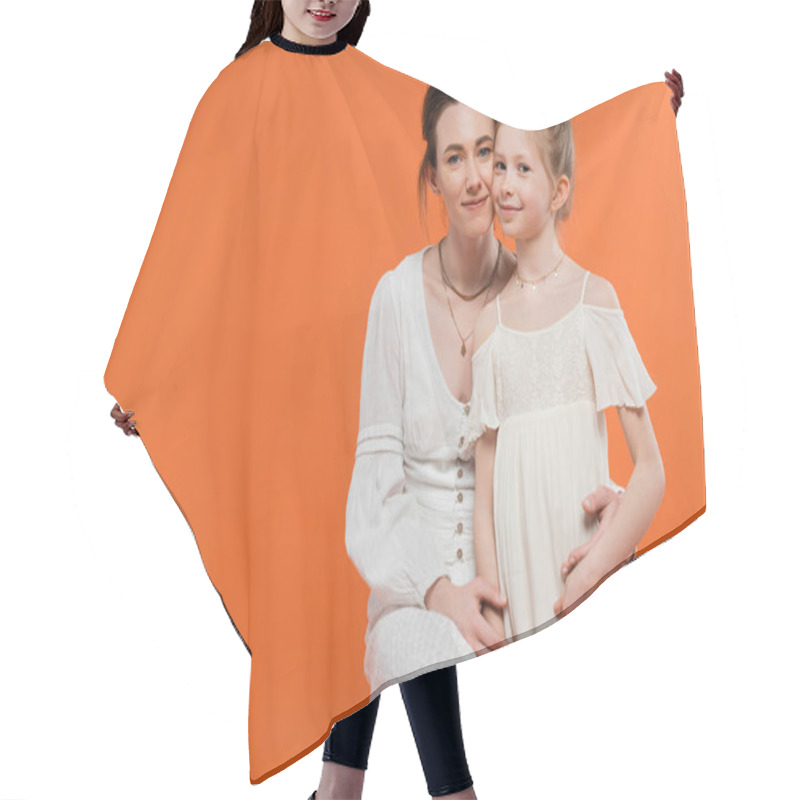 Personality  Motherly Love, Happy Young Woman Hugging Preteen Girl On Orange Background, White Sun Dresses, Summer Fashion, Togetherness, Love, Female Bonding, Mother And Daughter, Modern Parenting  Hair Cutting Cape