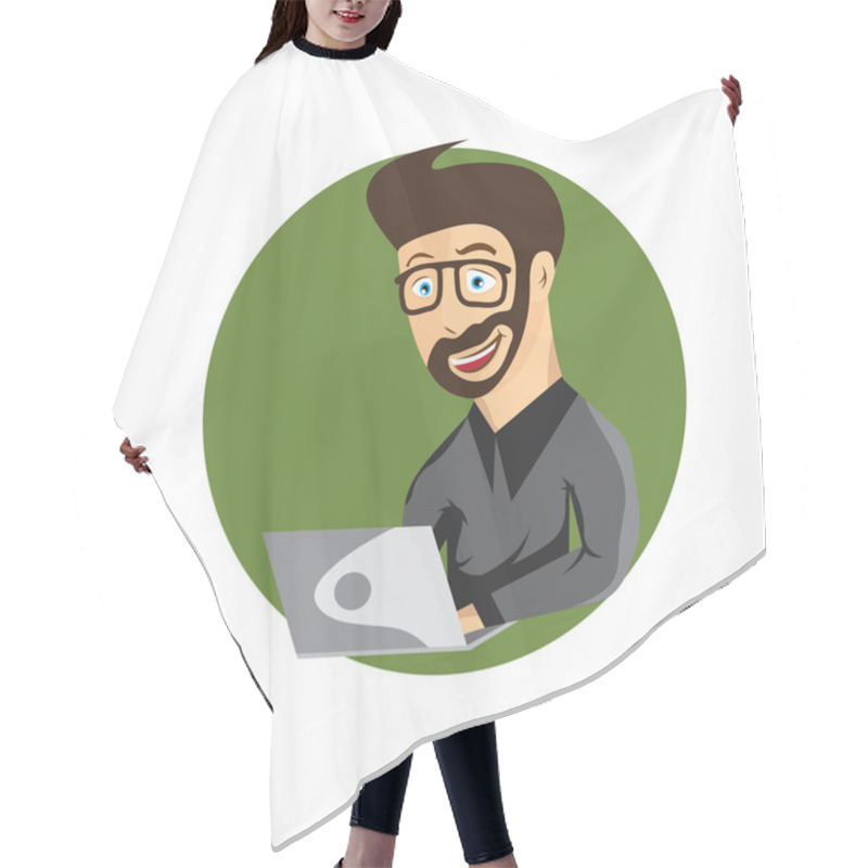 Personality  Cartoon Illustration Of Young Hipster Man With Laptop Hair Cutting Cape