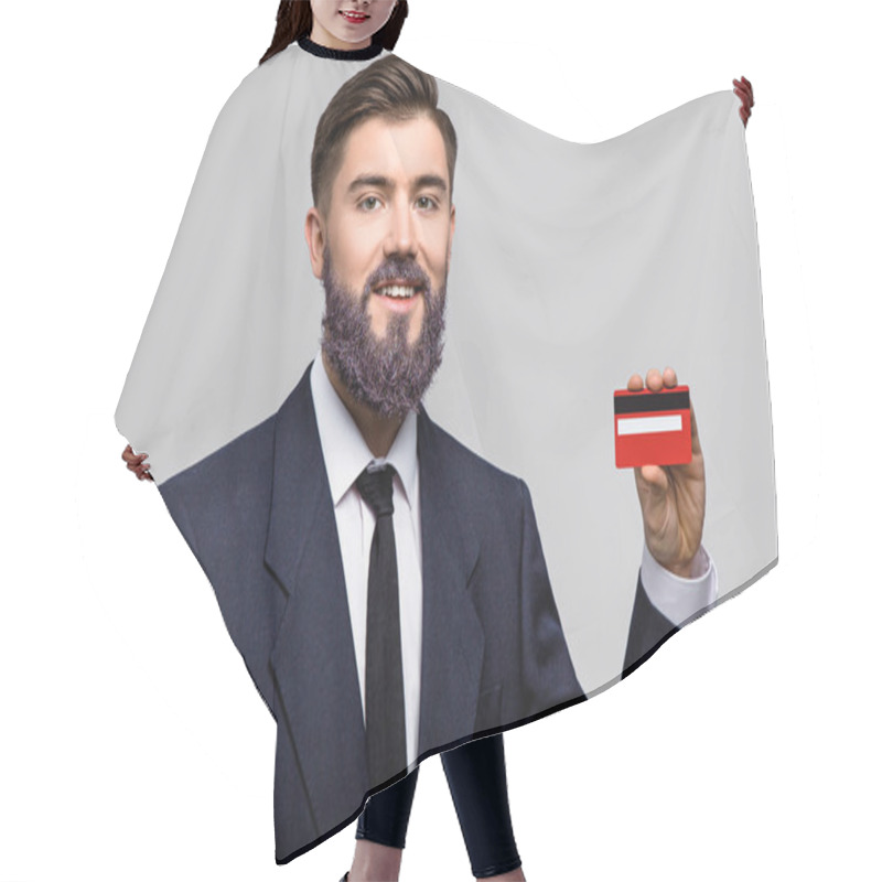 Personality  Smiling Man Posing With Red Credit Card Hair Cutting Cape