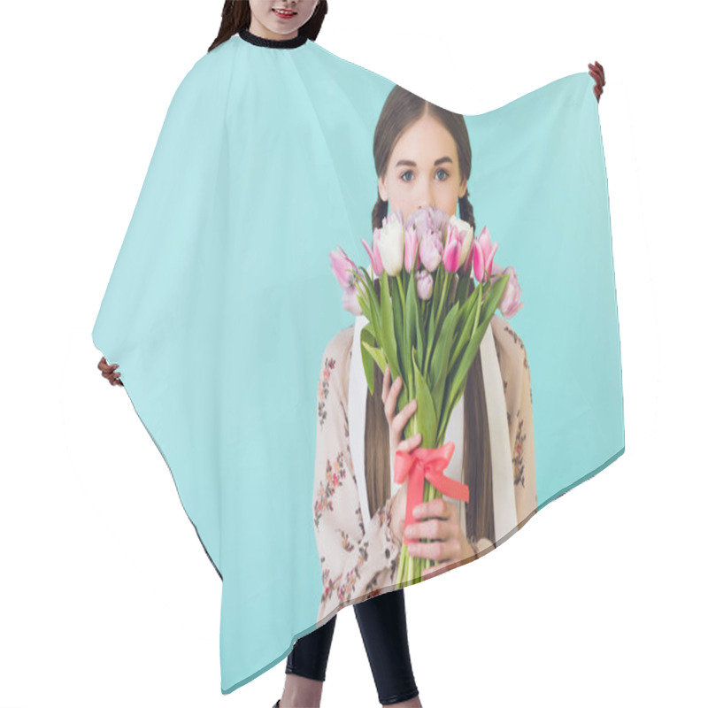 Personality  Teen Girl In Trendy Summer Dress Holding Tulips, Isolated On Blue Hair Cutting Cape