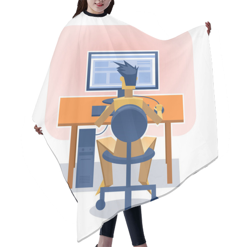 Personality  Illustration Of A Paper Man Sitting In Front Of Computer Hair Cutting Cape