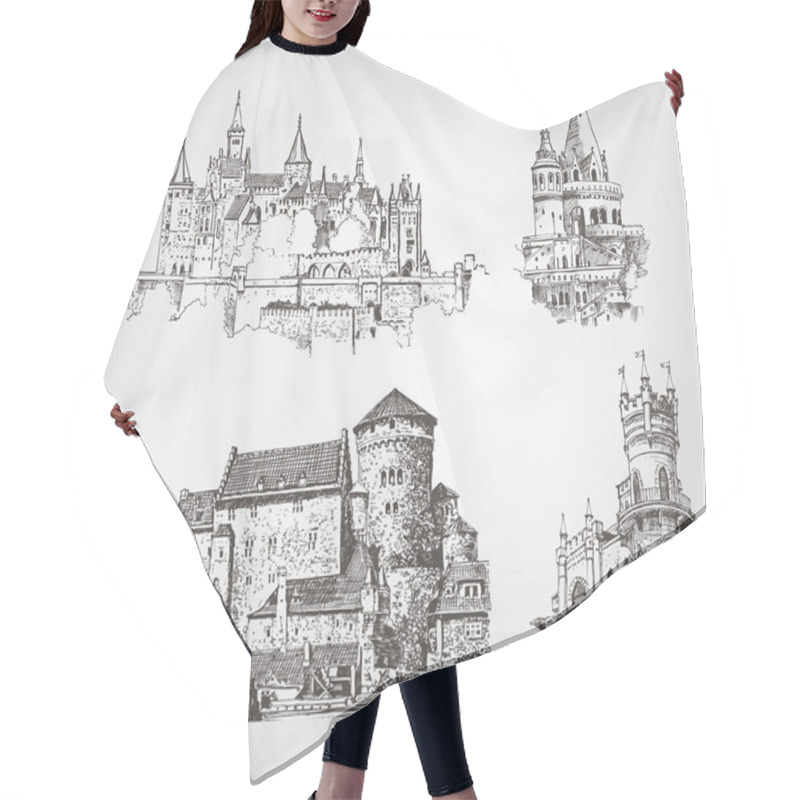 Personality  Vector Old Castle Illustrations Set. Countrysides On Gothic Fortress Background. Hand Drawn Architectural Landscapes. Sketches Of Ancient Towers. Hair Cutting Cape