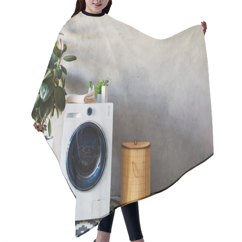 Personality  Green Plants, Towel And Bottles On White Washing Machine Near Laundry Basket And Ornamental Carpet In Bathroom  Hair Cutting Cape