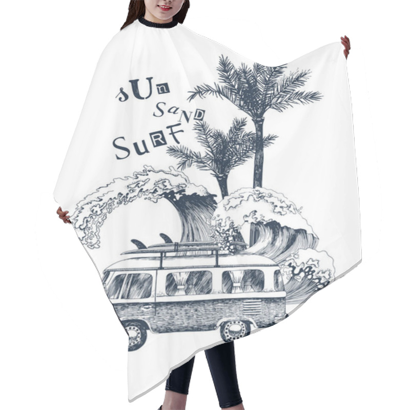 Personality  Summer Time Background With Retro Bus, Palms And Sea Waves Hair Cutting Cape