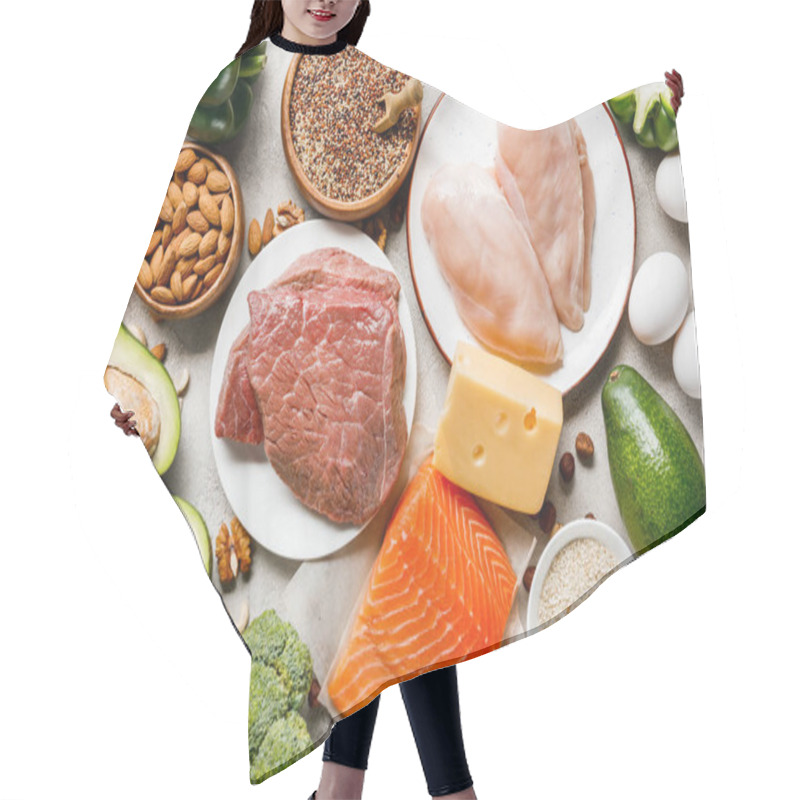 Personality  Top View Of Raw Salmon, Chicken Breasts And Meat On White Plates Near Nuts, Eggs And Vegetables, Ketogenic Diet Menu Hair Cutting Cape