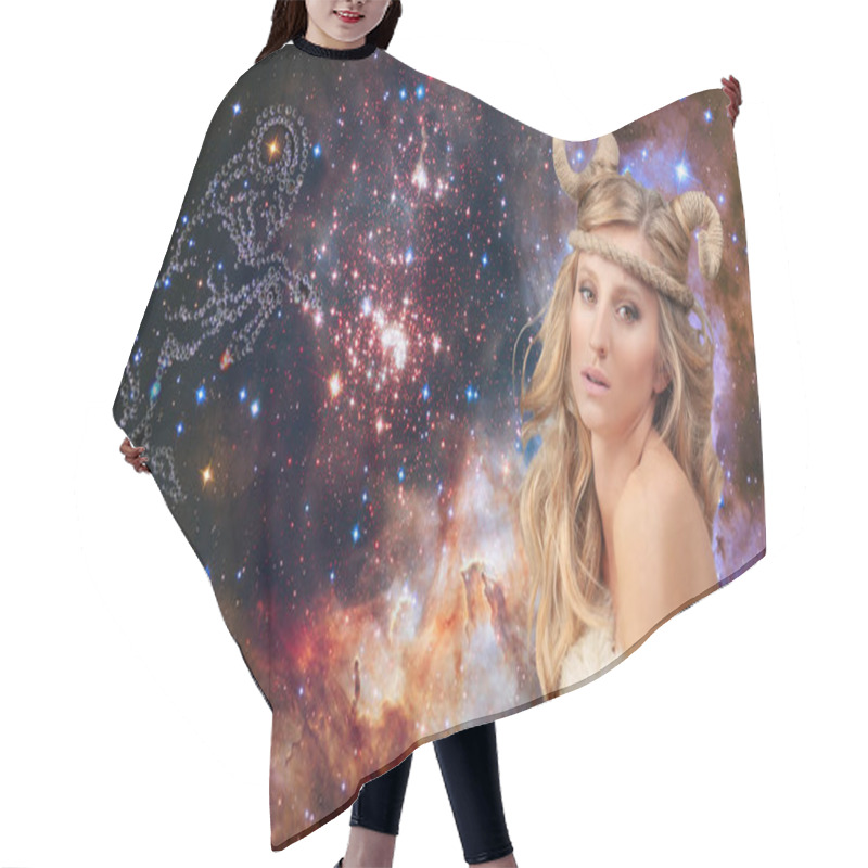 Personality  Aries Zodiac Sign. Astrology And Horoscope Concept, Beautiful Woman Aries On The Galaxy Background Hair Cutting Cape