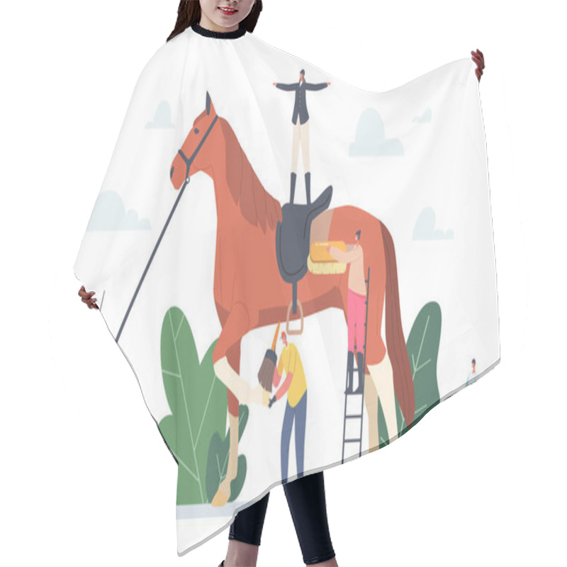 Personality  Equestrian Sport, Horse Training Concept. Stableman And Trainer Characters Around Of Thoroughbred Stallion With Jockey Hair Cutting Cape