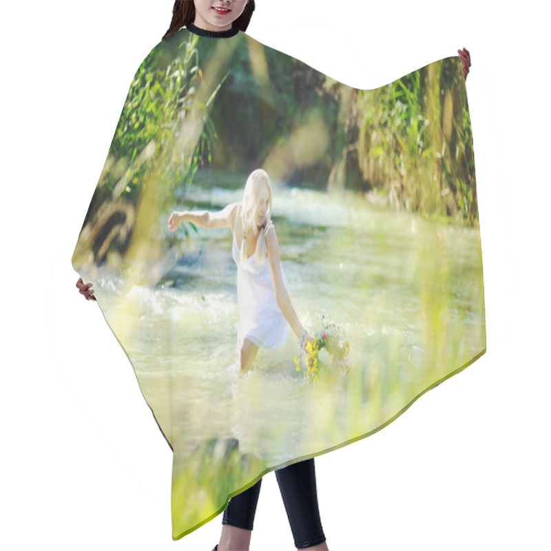 Personality  Girl In A White Sundress On The River Starts A Wreath Of Flowers Hair Cutting Cape