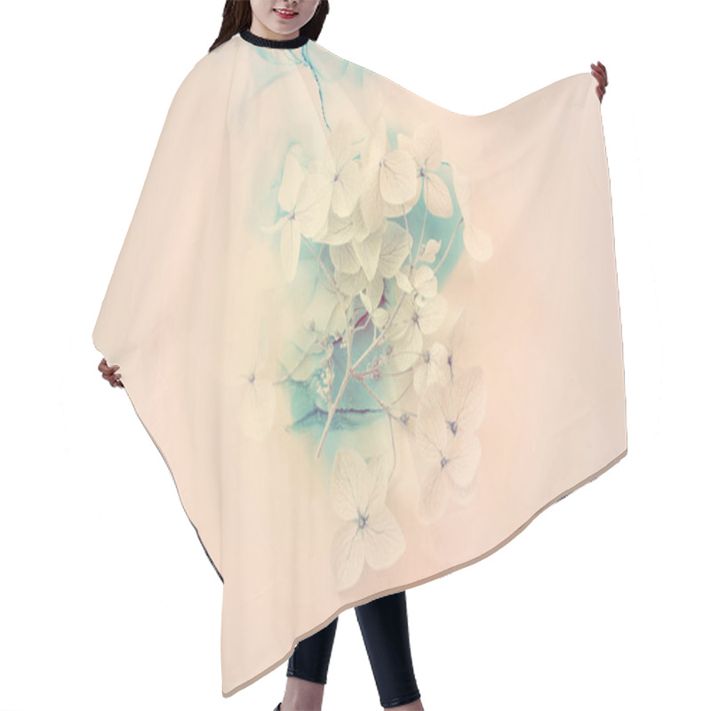 Personality  Creative Image Of Pastel Blue Hydrangea Flowers On Artistic Ink Background. Top View With Copy Space Hair Cutting Cape