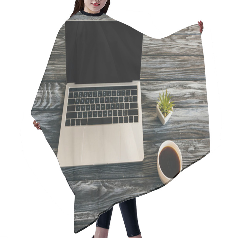 Personality  Cup Of Coffee, House Plant And Laptop With Blank Screen On Dark Wooden Surface Hair Cutting Cape