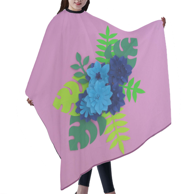 Personality  Paper Craft Flower Decoration Concept. Flowers And Leaves Made Of Paper. Tropics. Pink Background. Hair Cutting Cape