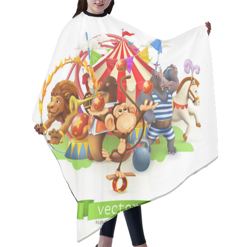 Personality  Circus, Funny Animals. Monkey, Lion, Horse, Hippo. 3d Vector Hair Cutting Cape