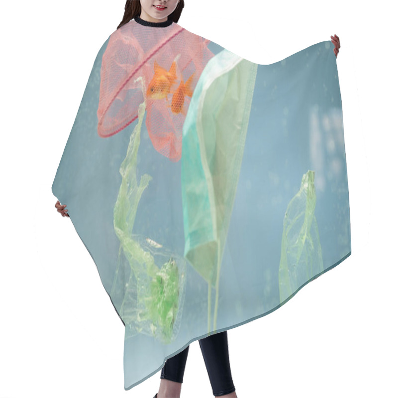 Personality  Net With Goldfishes, Medical Mask, Plastic Bags And Cups In Water, Ecology Concept Hair Cutting Cape