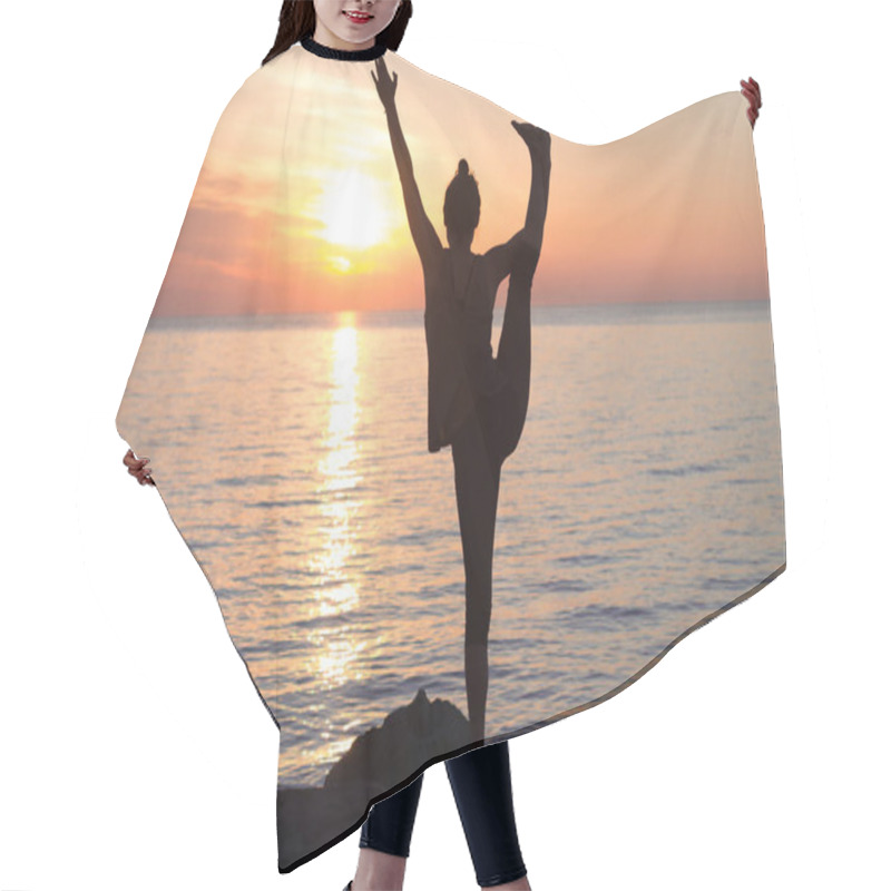 Personality  Fitness Mixed Race Woman Silhouette In Yoga Pose On The Morning Beach, Beautiful Fit Woman Practice Fitness Exrxise Stones, Morning Sea Or Ocean Background Hair Cutting Cape