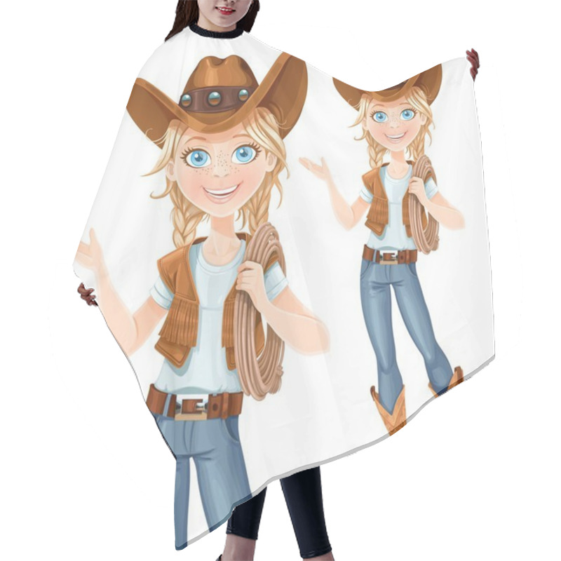 Personality  Beautiful Girl In A Cowboy Hat And With Lasso Says Something, Isolated On A White Background Hair Cutting Cape