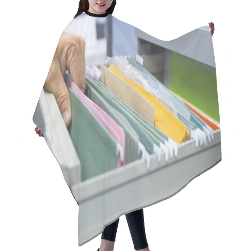 Personality  Hand Of Man Search Files Document In A File Cabinet In Work Office, Concept Business Office Life. Hair Cutting Cape