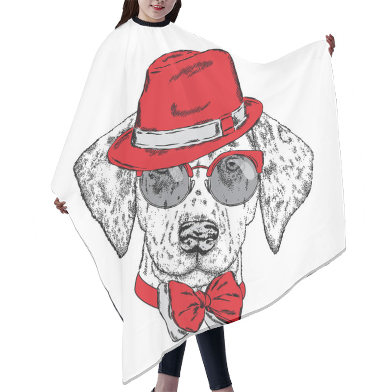 Personality  Cute Puppy Wearing A Hat, Sunglasses And A Tie. Vector Illustration. Beautiful Dog. Dalmatians. Hair Cutting Cape