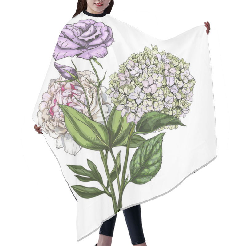 Personality  Hand Drawn Bouquet Of Phlox, Eustoma And Peony Flowers Isolated On White Background. Botanical Vector Illustration. Hair Cutting Cape