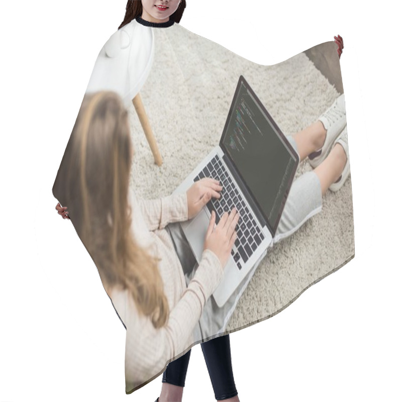 Personality  High Angle View Of Young Female Developer Coding With Laptop At Home Hair Cutting Cape