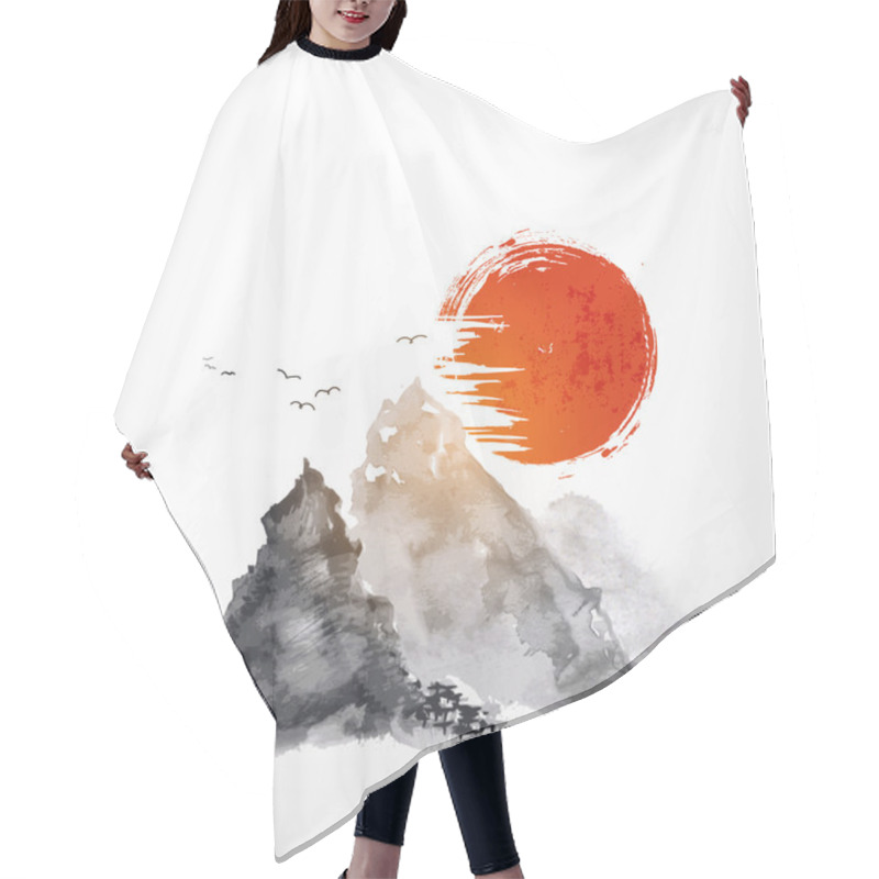 Personality  Mountains And Red Sun Hand Drawn Hair Cutting Cape