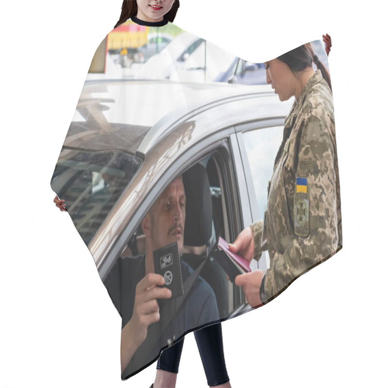 Personality  Ukrainian Girl Border Guard Checks Documents  Hair Cutting Cape