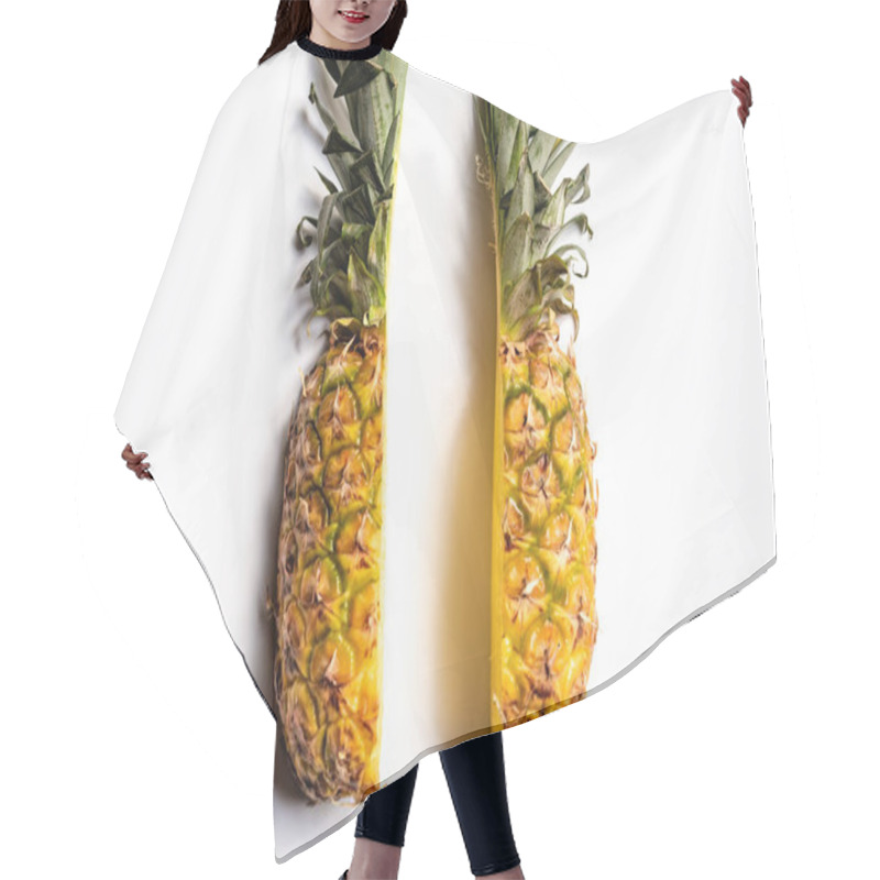 Personality  Top View Of Cut Ripe Pineapple With Green Leaves On White Background Hair Cutting Cape