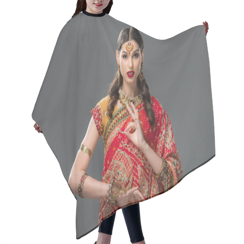 Personality  Attractive Indian Woman In Sari And Accessories With Gyan Mudra, Isolated On Grey  Hair Cutting Cape