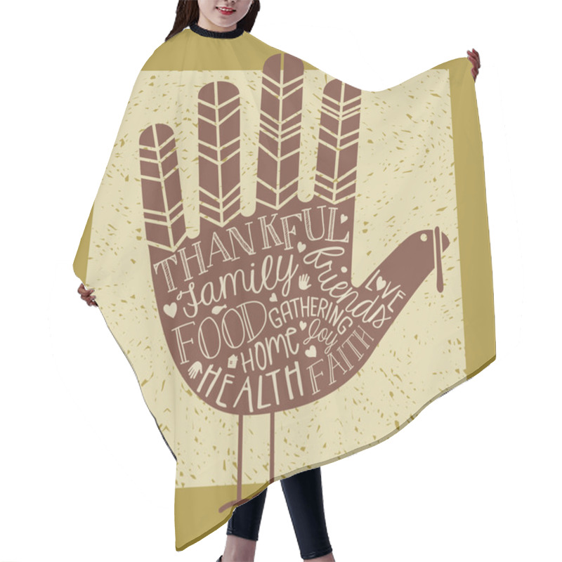 Personality  Thanksgiving Card Design With Theme Words And Cute Hand Print Turkey Hair Cutting Cape