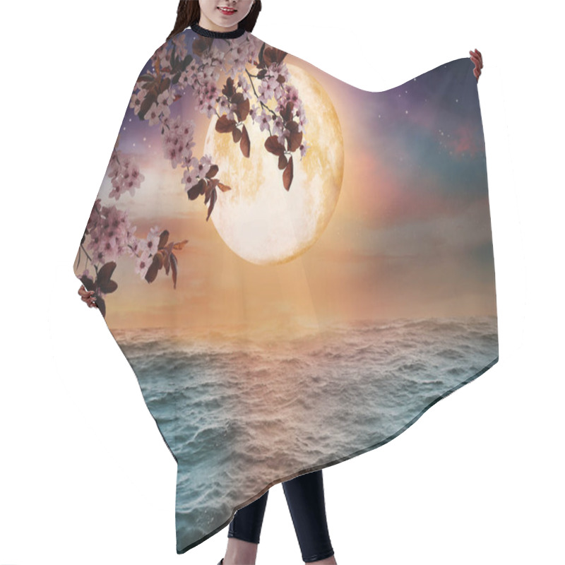 Personality  Fantasy World. Blossoming Cherry Tree Branch And Full Moon In Starry Sky Over Ocean Hair Cutting Cape