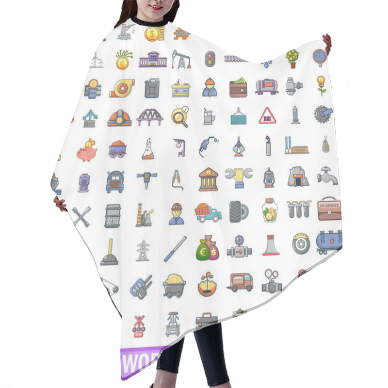 Personality  100 Fellow Worker Icons Set, Cartoon Style Hair Cutting Cape