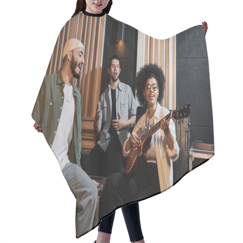 Personality  A Diverse Group Of Musicians Sit In A Recording Studio, Strumming A Guitar And Deep In Musical Collaboration. Hair Cutting Cape