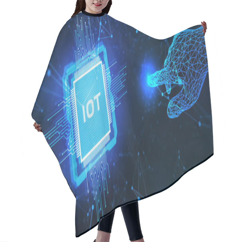 Personality  Internet Of Things - IOT Concept. Businessman Offer IOT Products And Solutions. Young Businessman  Select The Abstract Chip With Text IoT On The Virtual Display. Hair Cutting Cape